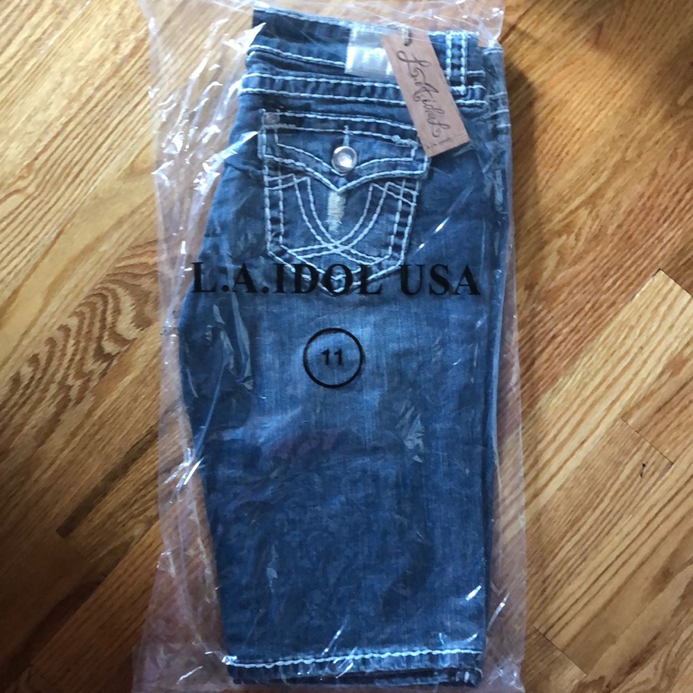 🔴 CLEARANCE 🩳 LA IDOL RIPPED DESTROYED DISTRESSED LONG JEAN BERMUDA SHORTS Sz 3 - Picture 6 of 10